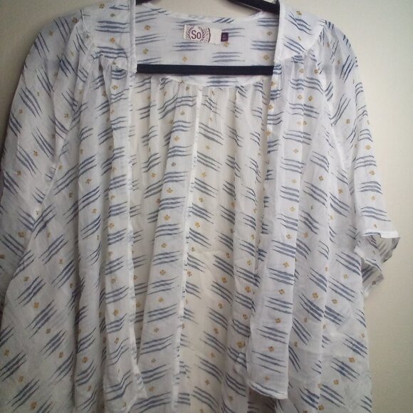 So Open Front Blouse XL Short Sleeve Sheer Patterned White Blue Yellow - Picture 8 of 16
